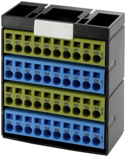Farbcodierter Elektroklemmblock mit mehreren nummerierten Anschlüssen in gestapelten Reihen, wird zum Verbinden von Schaltkreisen verwendet.