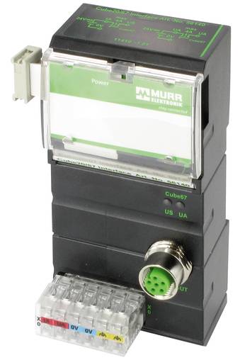 Murrelektronik Industrielektronik-Stromversorgungsmodul mit Klemmleiste, Statusetiketten und Rundsteckverbinder auf einer schwarzen Montagebaugruppe.