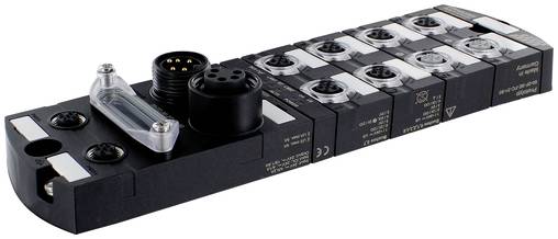 Industriales Pneumatik-Ventilblock mit mehreren verbundenen schwarzen Ventilmodulen und einem klaren manuellen Überschaltungshebel auf weißem Hintergrund.