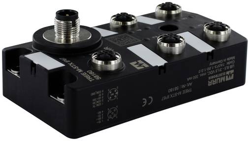 Schwarzes Industrieelektronikmodul mit mehreren kreisförmigen Gewindeanschlüssen und Befestigungslöchern, auf weißem Hintergrund dargestellt.