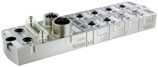 Metallisches Industrialverteiler-Ventilblock mit mehreren pneumatischen/elektrischen Anschlüssen und Steckverbindern auf weißem Hintergrund.