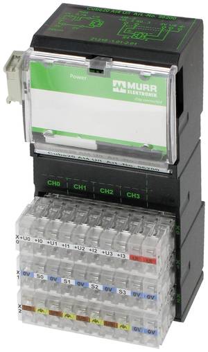 Murrelektronik-Industriesteuerschaltmodul mit transparentem Klemmblock und beschrifteten Kanalanzeigeschaltern CH0 bis CH3.