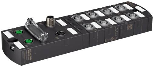 Industrieller modularer Ventilverteiler mit mehreren Magnetventilstationen, elektrischen Steckverbindern und Befestigungshardware auf weißem Hintergrund.