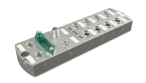 Industrieller Metallsensor oder Verbindungsblock mit acht kreisförmigen Anschlüssen, grünen Anzeigelichtern und transparenter grüner Abdeckung auf weißem Hintergrund.