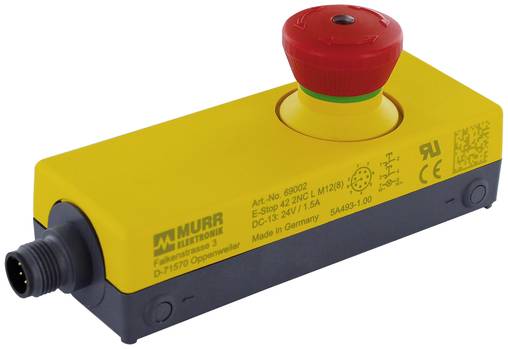 Gelber industrieller Sicherheitsschalter mit rotem Notausschalter und schwarzem Stecker, gezeigt auf weißem Hintergrund.