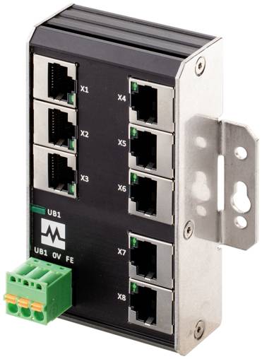 Industrie-Ethernet-Switch-Modul mit acht RJ45-Anschlüssen mit den Bezeichnungen X1-X8, grüner Klemmleiste und metallischer Montageklammer.