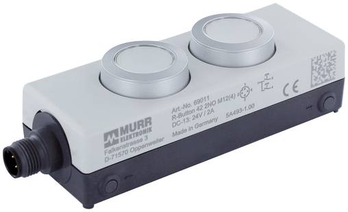 Industrielles Murrelektronik-Gerät mit zwei kreisförmigen Anschlüssen oben und einem schwarzen Kabelstecker auf der linken Seite, dargestellt auf weißem Hintergrund.