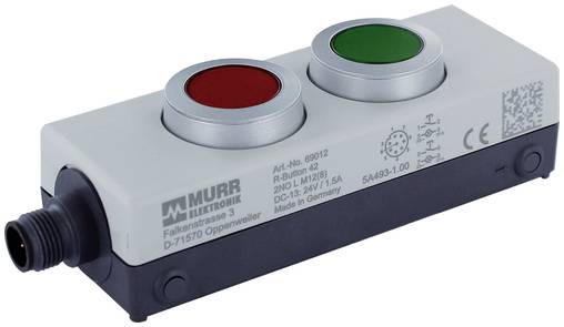Industrielle Steuerkiste mit zwei großen Druckknöpfen, einer rot und einer grün, auf einem silber- und schwarzfarbenen Gehäuse mit Steckerverbindung.