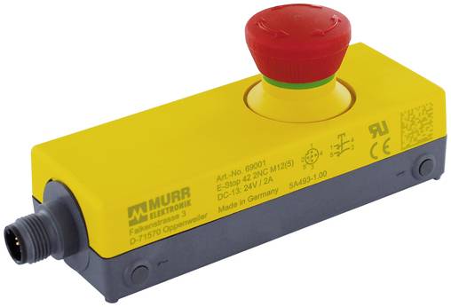 Industrieller Notausschalter mit rotem Pilzknopf auf einer gelb-schwarzen Murr Elektronik Steuereinheit.
