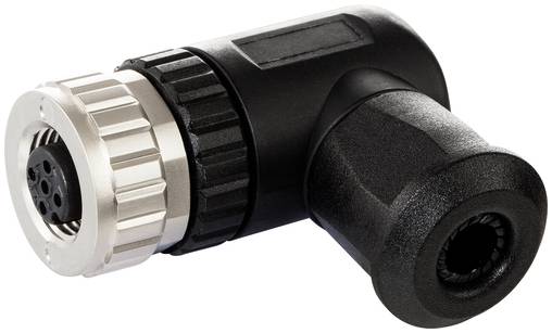 Schwarzer Rundstecker für rechtwinkliges Kabel mit silberner Metall-Verschraubungsmutter und mehrpoliger Buchse