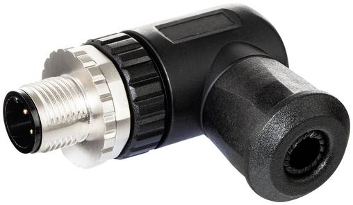 Rechtwinkliger schwarzer Kabelstecker mit einem gewindelierten Metall-Stecker auf der linken Seite und einer Buchsenöffnung auf der rechten Seite.