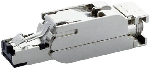 Metallischer Ethernet-Netzwerkkabelstecker auf weißem Hintergrund.