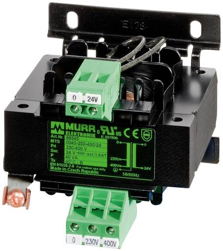 Murr Elektronik-Stromversorgungsmodul mit grünen Anschlussblöcken und gekennzeichneten Spannungsverbindungen, montiert in einem schwarzen Metallgehäuse.