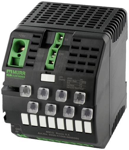 Schwarzes Murrelektronik-Industrienetzgerät-Modul mit grünen Anschllussklemmen, LED-Indikatoren an der Vorderseite und mehreren Drahtanschlussanschlüssen.