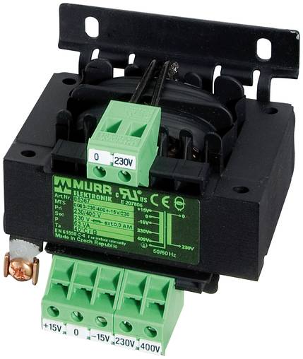 Schwarz-grünes Elektrotransformatormodul mit beschrifteten Klemmenblöcken für 230V-, 15V- und 400V-Anschlüsse.