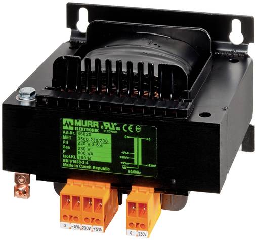 Black Murr Elektronik Transformator mit orangefarbenen Anschlüssen und grünem Etikett, Vorderansicht auf weißem Hintergrund.