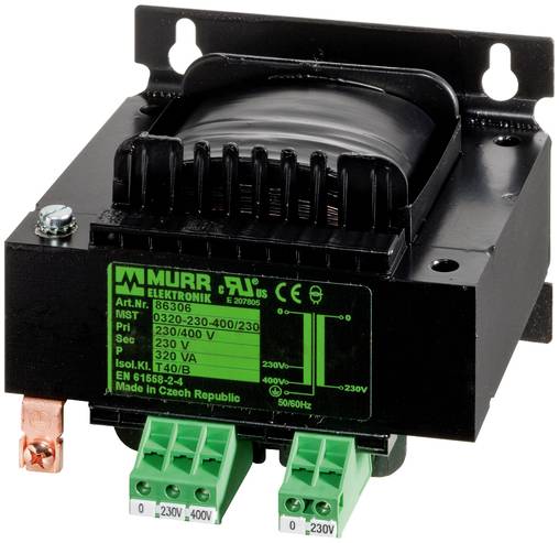 Black Murr Elektronik Elektrotransformator mit grünen Anschlussklemmen und Spezifikationsetikett auf der Vorderseite