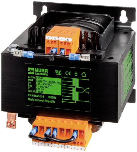Black Murre Elektronik Transformator mit orangefarbenen Anschlussklemmen und grünem Spezifikationsetikett, dargestellt montiert für Verdrahtungsverbindungen.