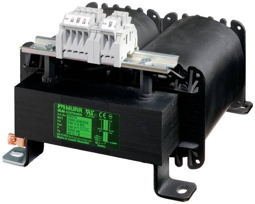 Industrieller elektrischer Transformator mit Anschlussblock und schwarzen zylindrischen Spulen, montiert auf einer Metallbasis mit einem grünen Murr Elektronik-Etikett.