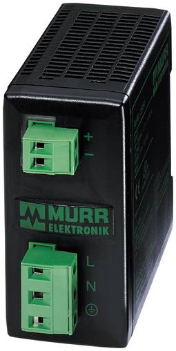 Black Murr Elektronik Industrie-Stromversorgungseinheit mit grünen Anschlussklemmen für DC-Ausgang und AC-Eingang.
