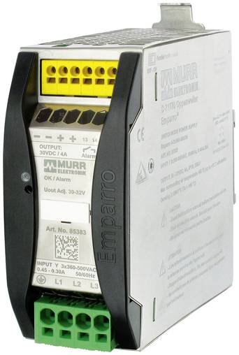Murr Elektronik Emparro Stromversorgungsmodul mit gelbem Anschlussterminal auf der Oberseite und grünen Eingangsterminals auf der Unterseite, gezeigt in der Seitenansicht.