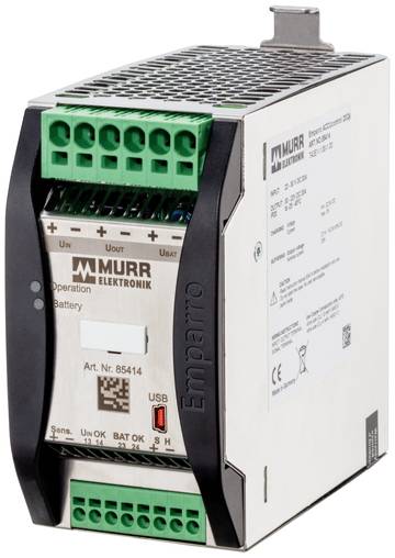 Industrielle Murr Elektronik Emparro-Stromversorgungseinheit mit grünen Anschlussblöcken, Statusanzeigen und Metallgehäuse.