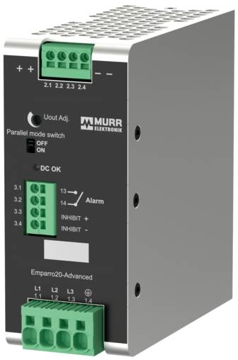 Foto eines Murr Elektronik Emparro20-Advanced Industrie-Stromversorgungsmoduls mit grünen Klemmleisten, Status-LEDs und Einstellschalter auf der Frontplatte.