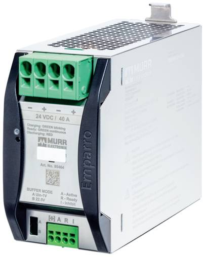 Industrielles Murr Elektronik 24-VDC-40-A-Stromversorgungsmodul mit grünen Anschllussklemmen und Metallgehäuse, auf weißem Hintergrund gezeigt