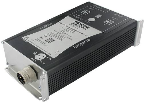 Schwarzes Enparro Hybrid-Industrie-Stromversorgungsmodul mit Metallmontagehalterungen und rundem Eingangsstecker, dargestellt auf weißem Hintergrund.