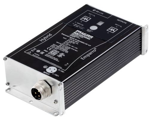 Kompaktes schwarz-silbernes Emparro-Hybrid-Netzteilmodul mit Metallmontageklammern und Frontstecker, isoliert auf weiß dargestellt.