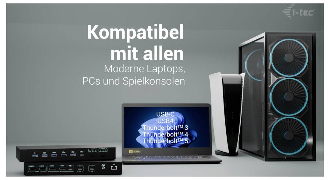 USB-C Docking Station kompatibel mit modernen Laptops, PCs und Spielkonsolen, dargestellt mit einem Laptop, Desktop-Tower und einer Konsole; der Text lautet „Kompatibel mit allen