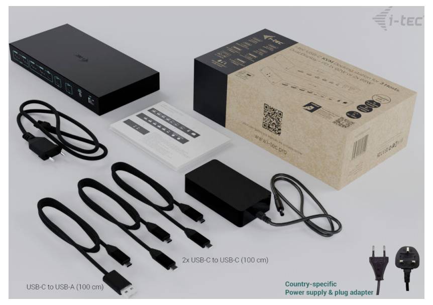 USB-C-Dockingstation-Set mit schwarzem Hub, Kartonbox, Anleitung, 2 USB-C-zu-USB-C-Kabel, USB-C-zu-USB-A-Kabel und landesspezifischem Netzteil mit Steckeradapter.