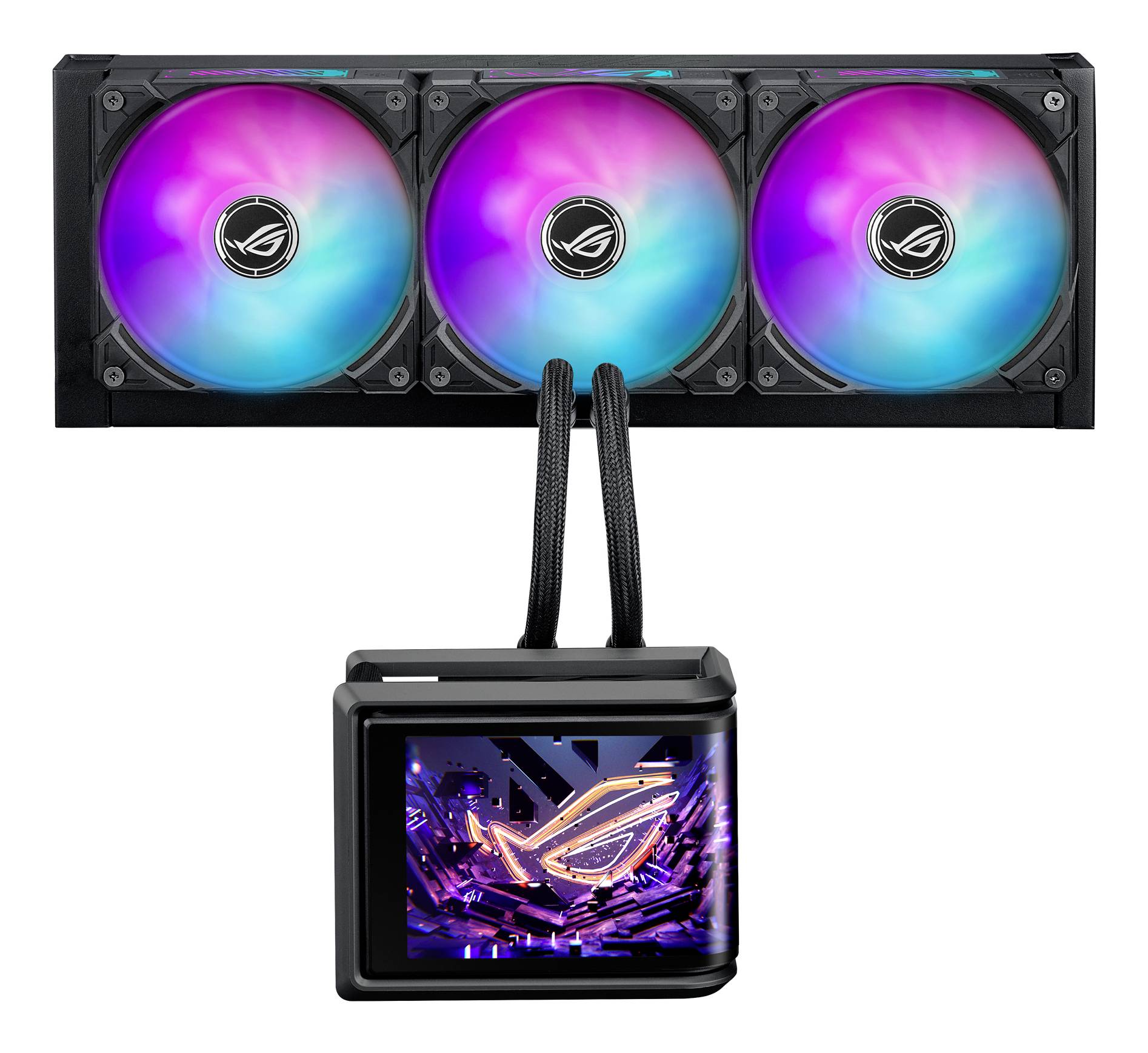 Dreifache RGB-Lüfter auf einem Flüssigkeits-CPU-Kühler-Radiator mit zwei Schläuchen, die zu einem beleuchteten ASUS ROG-Pumpenblock führen.