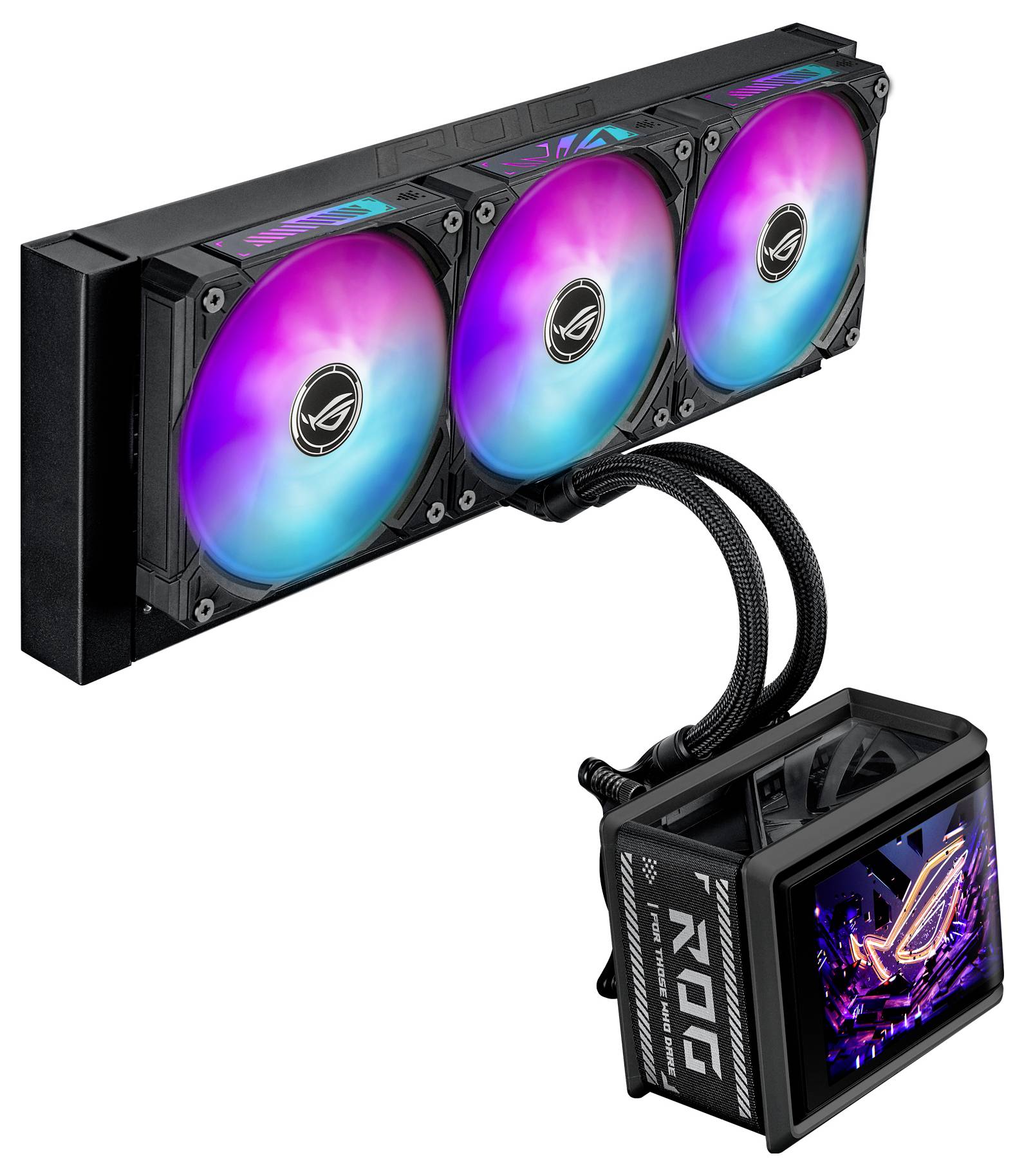 ASUS ROG Flüssig-CPU-Kühler mit drei RGB-Lüftern, die mit einem quadratischen Pumpenkopf verbunden sind, auf dem ein ROG-Logo-Display angezeigt wird.