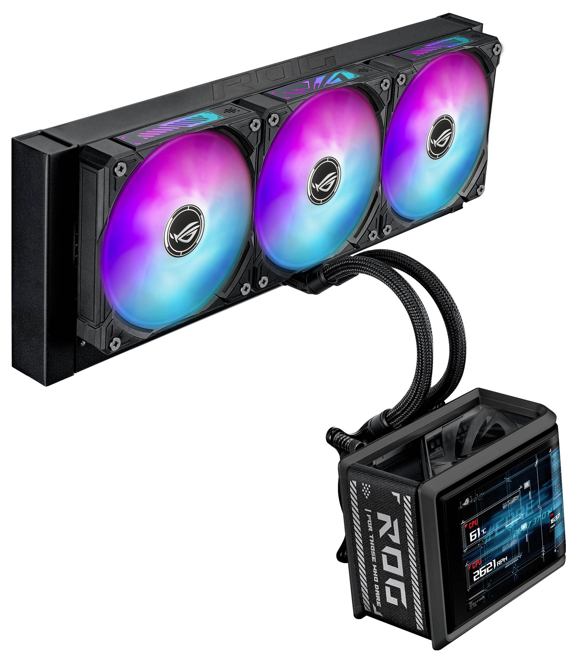 Ein ASUS ROG Komplett-Flüssigkeitskühlsystem für die CPU mit einem Triple-Fan-Radiator und einem kleinen Display-Pumpenblock, der Systemstatistiken anzeigt.