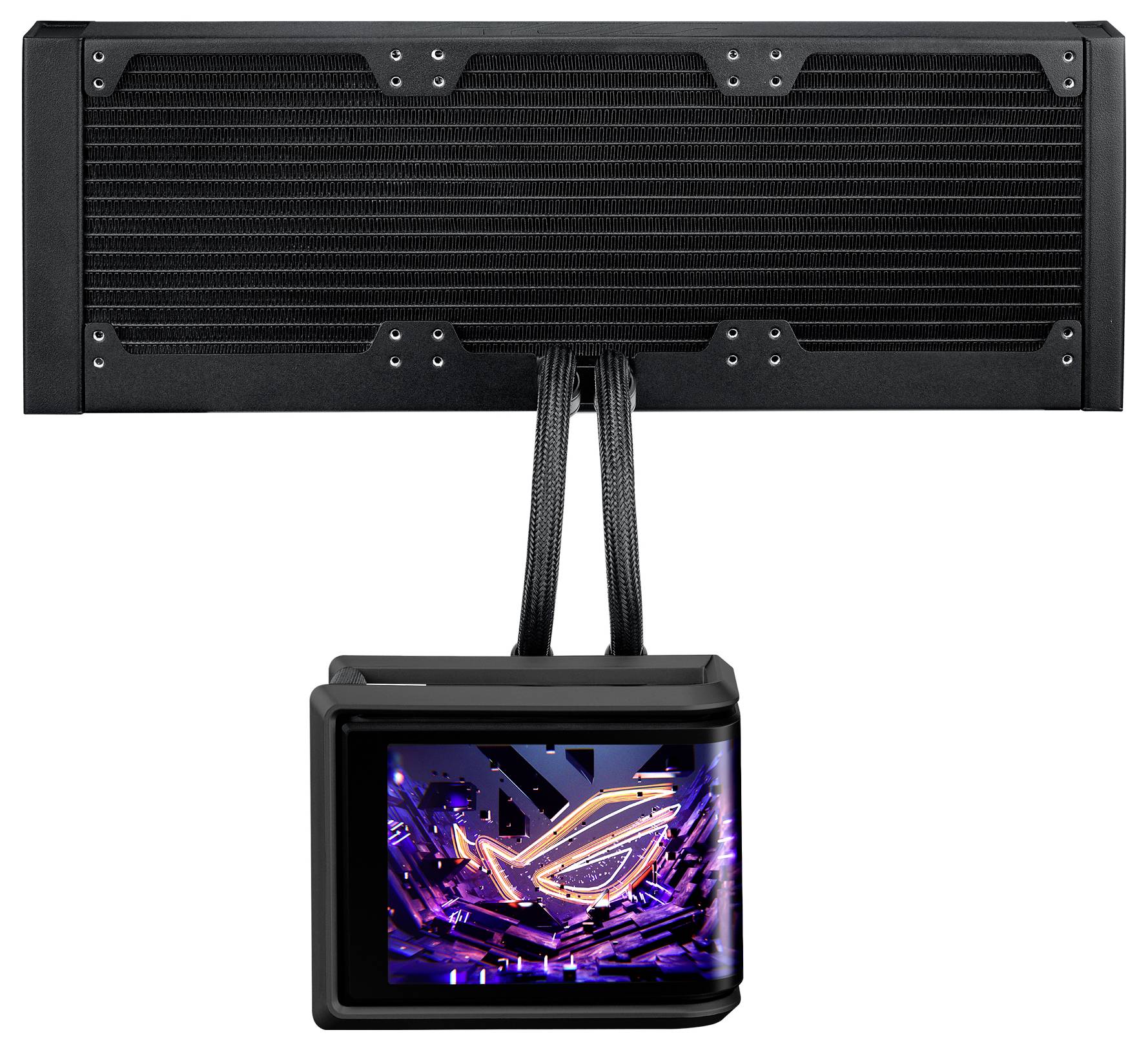 Flüssigkeitskühler für die CPU mit einem großen, oben angebrachten Radiator und zwei Schläuchen, die mit einem kleinen, RGB-beleuchteten Pumpenkopf verbunden sind, auf dem das ROG-Logo angezeigt wird.