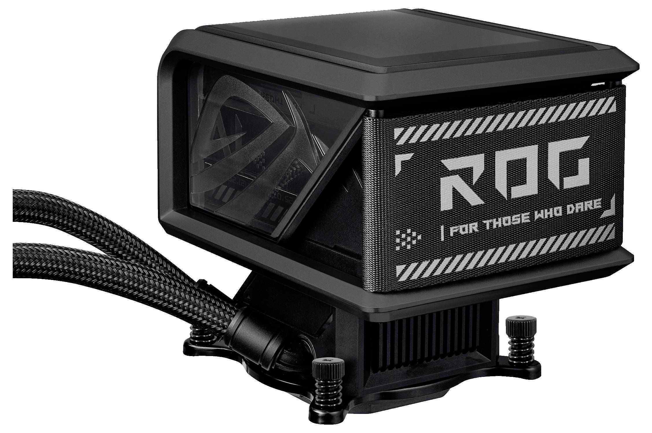 ROG-Markenpumpe für Flüssigkühlung der CPU mit geflochtenen Schläuchen und kleinem integriertem Display, dargestellt auf weißem Hintergrund.