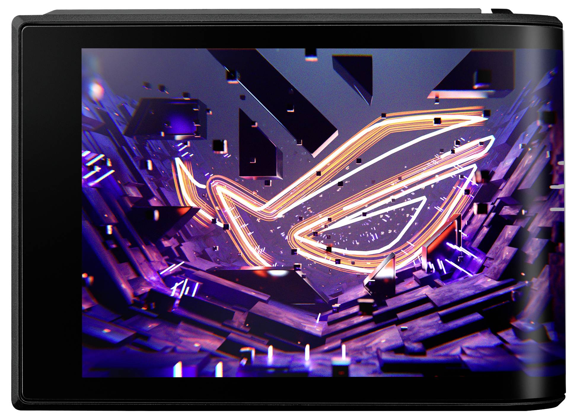 Ein farbenfrohe neon ROG Gaming-Logo leuchtet auf einem Bildschirm vor einem dunklen, futuristischen abstrakten Hintergrund.