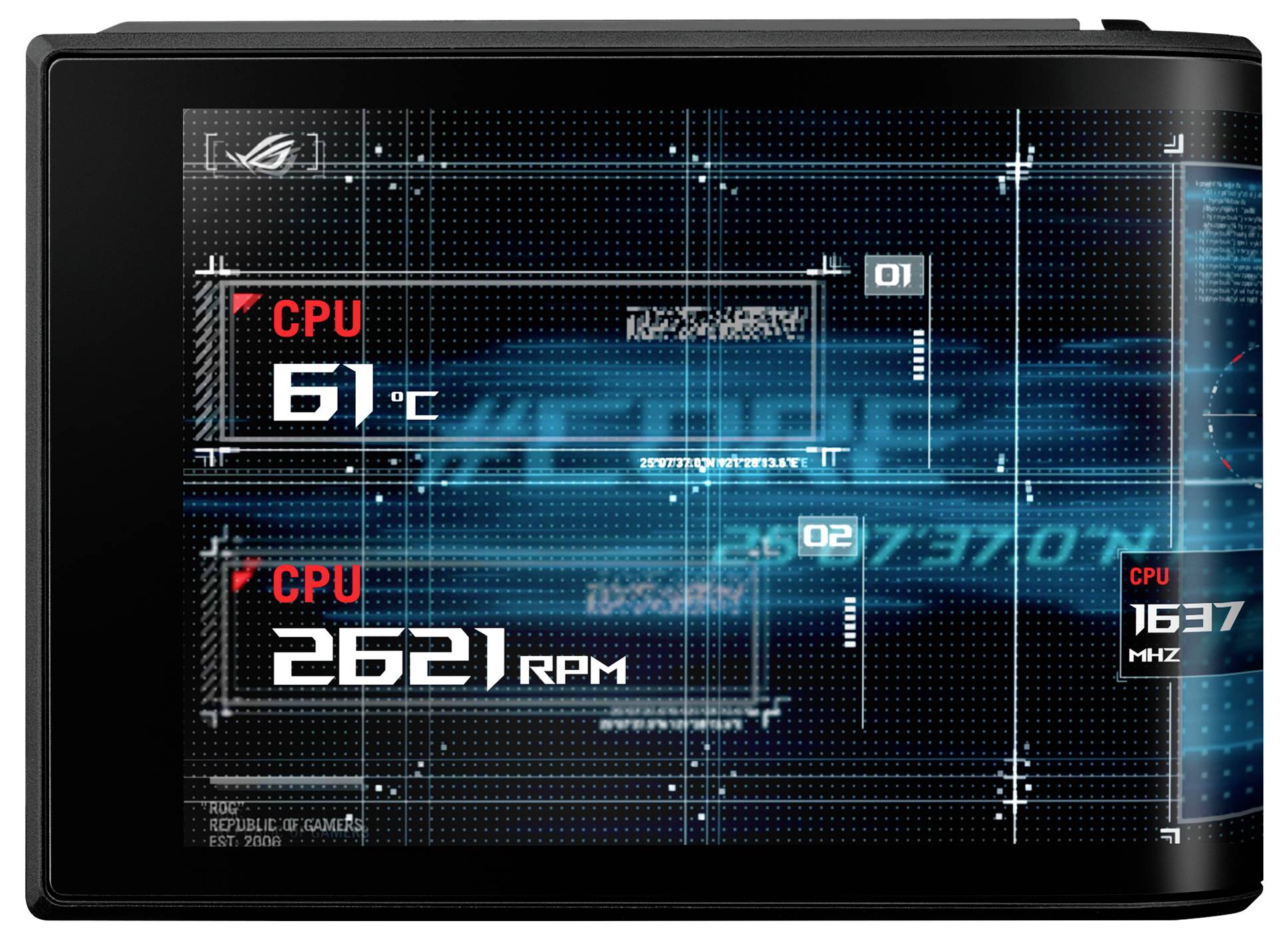 Dashboard zur Laptop-Leistung mit CPU-Temperatur 61°C, Lüfterdrehzahl 2621 U/min und CPU-Taktfrequenz 1637 MHz in einer futuristischen blauen Oberfläche.