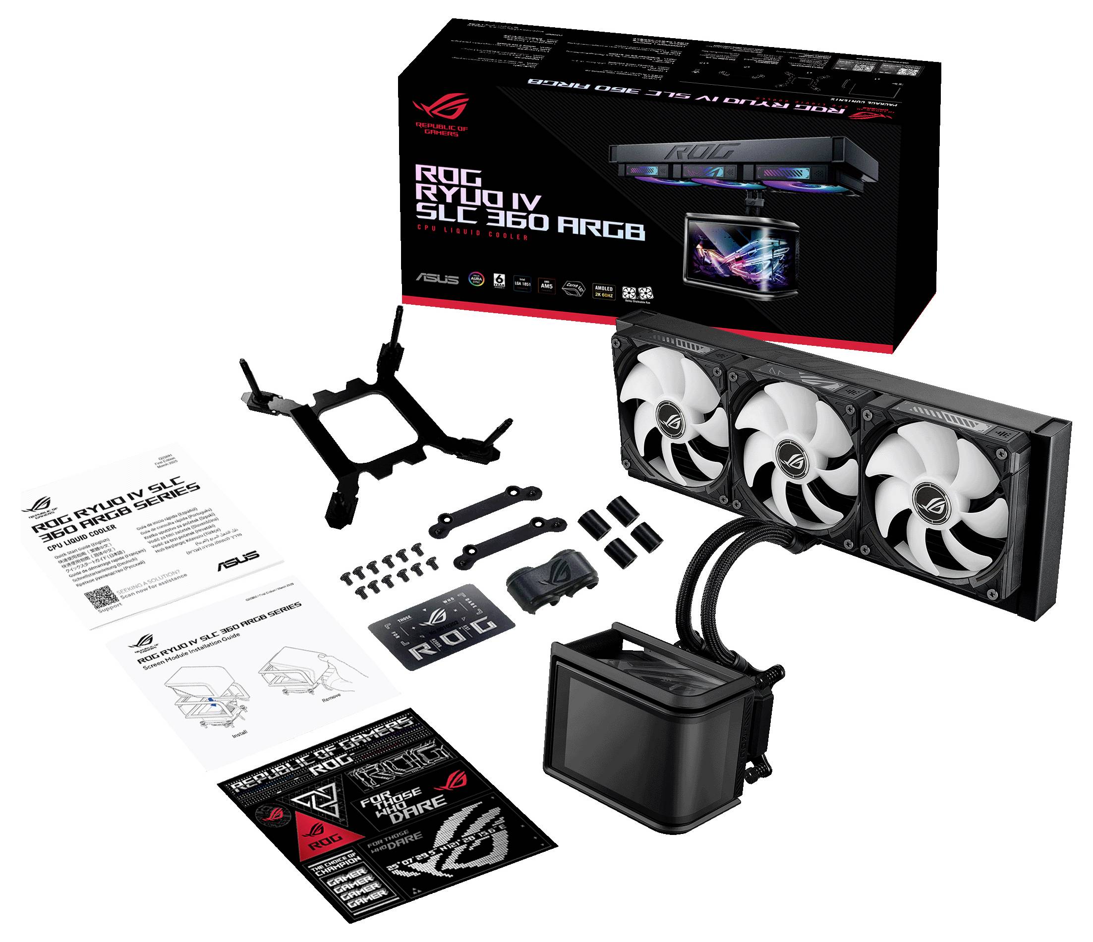 ASUS ROG Ryuo III 360 ARGB Flüssigkeits-CPU-Kühlerset mit 360-mm-Radiator, drei Lüftern, Pumpenblock, Montagezubehör, Handbüchern und Verpackung.