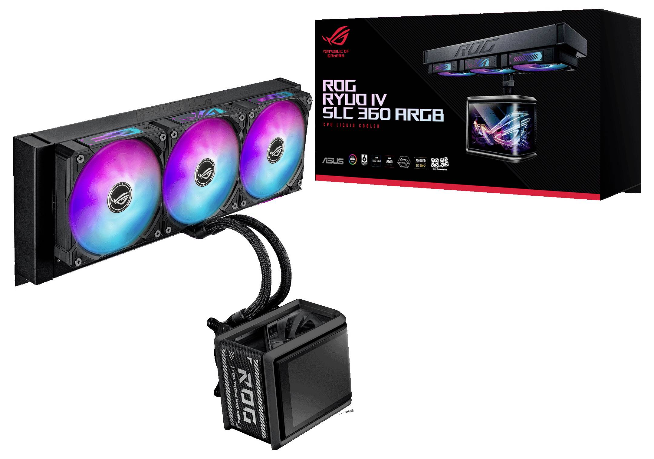 ASUS ROG Ryujin IV SLC 360 ARGB Flüssigkeitskühler für CPUs mit drei RGB-Lüftern, Pumpenblock und Einzelhandelsverpackung auf weißem Hintergrund.
