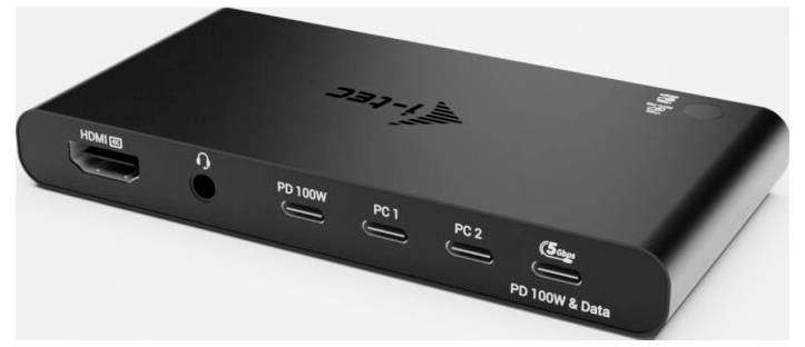 Schwarze Multi-Port-KVM-Schalterbox mit HDMI-, Audio-, USB-C- und mit PC1/PC2 beschrifteten Anschlüssen, die 100W Stromversorgung und Datenübertragung unterstützt.