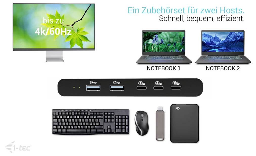Werbegrafik für einen 2-Host-USB-C-KVM-Schalter: Ein Monitor unterstützt bis zu 4K/60Hz, mit zwei Notebooks, Tastatur, Maus und anderen Peripheriegeräten, die zwischen ihnen gemeinsam genutzt werden.