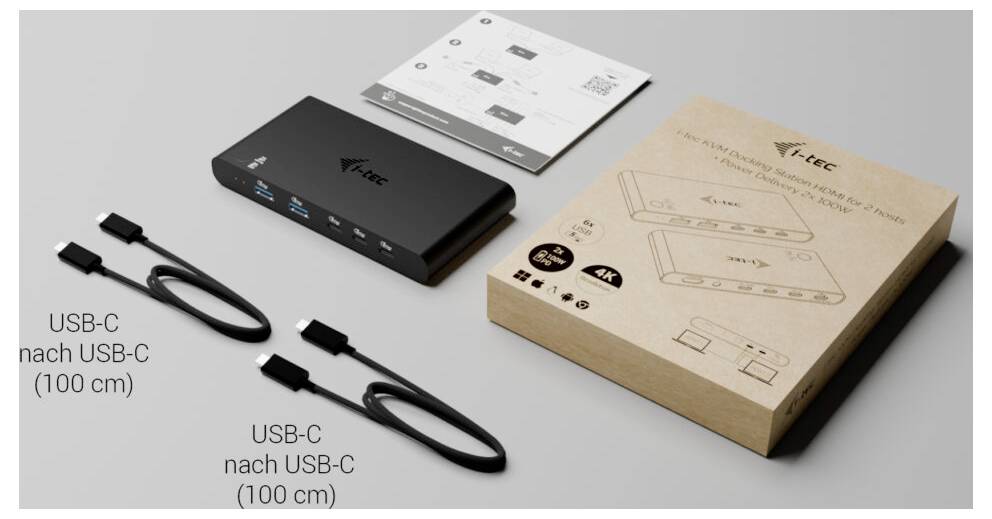 Produktverpackung für einen USB-C-Hub: schwarzer Hub, beigefarbene Schachtel mit Strichzeichnung, Anleitung und zwei 100-cm-USB-C-Kabel auf grauem Hintergrund.