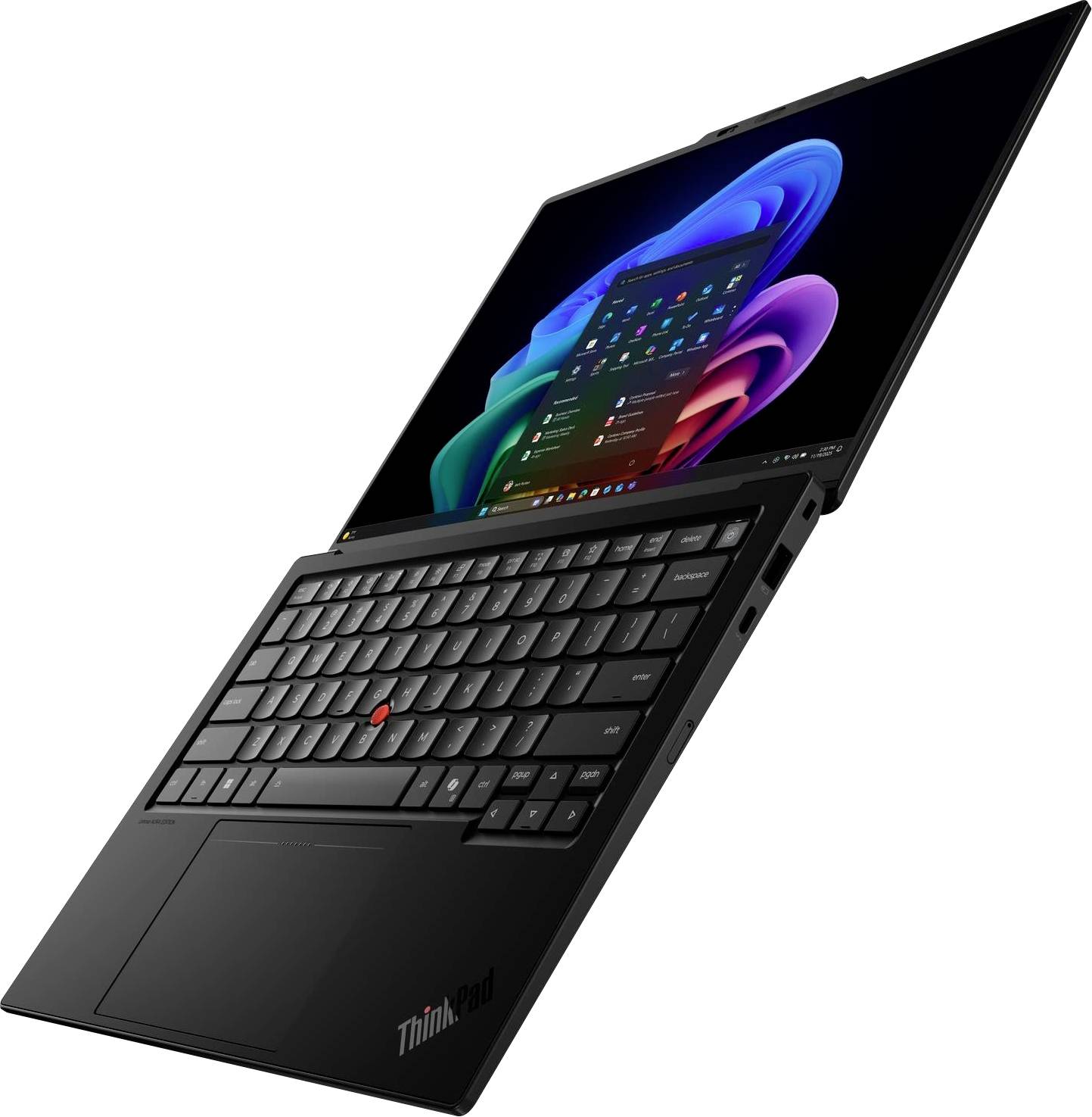 Schwarzer Lenovo ThinkPad Laptop, der in einem Winkel offen angezeigt wird, mit Tastatur, Trackpad und farbenfrohem Windows-ähnlichem Bildschirm auf weißem Hintergrund.