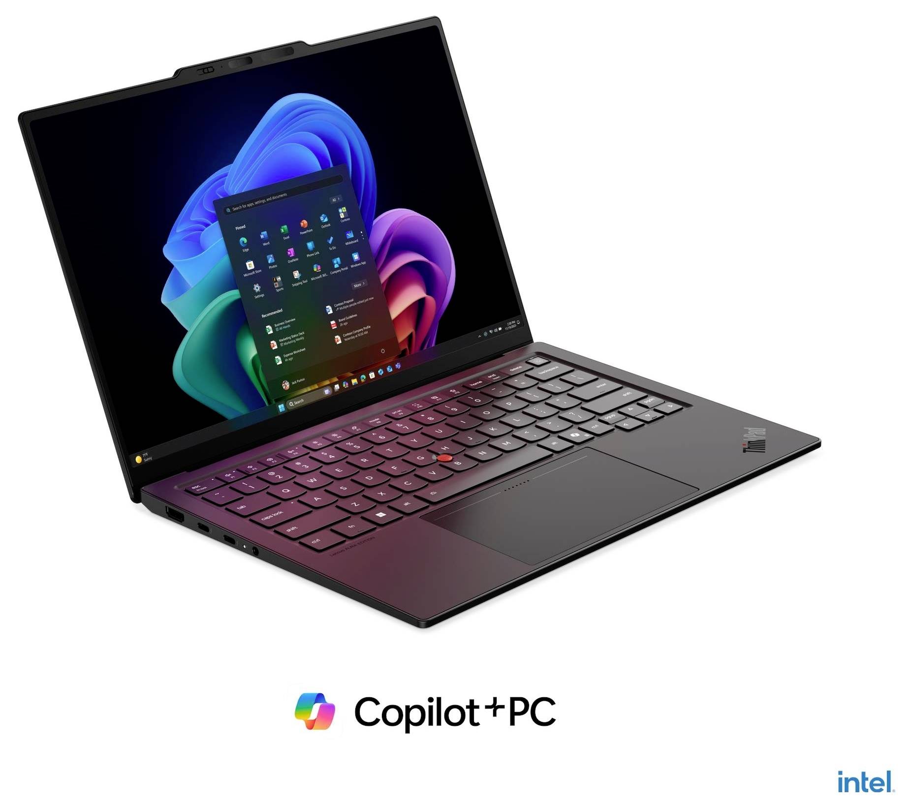 Laptop-Display mit farbenfrohem Windows 11 Wirbel-Hintergrundbild, beschriftet mit 'Copilot+PC' und AMD-Branding darunter.