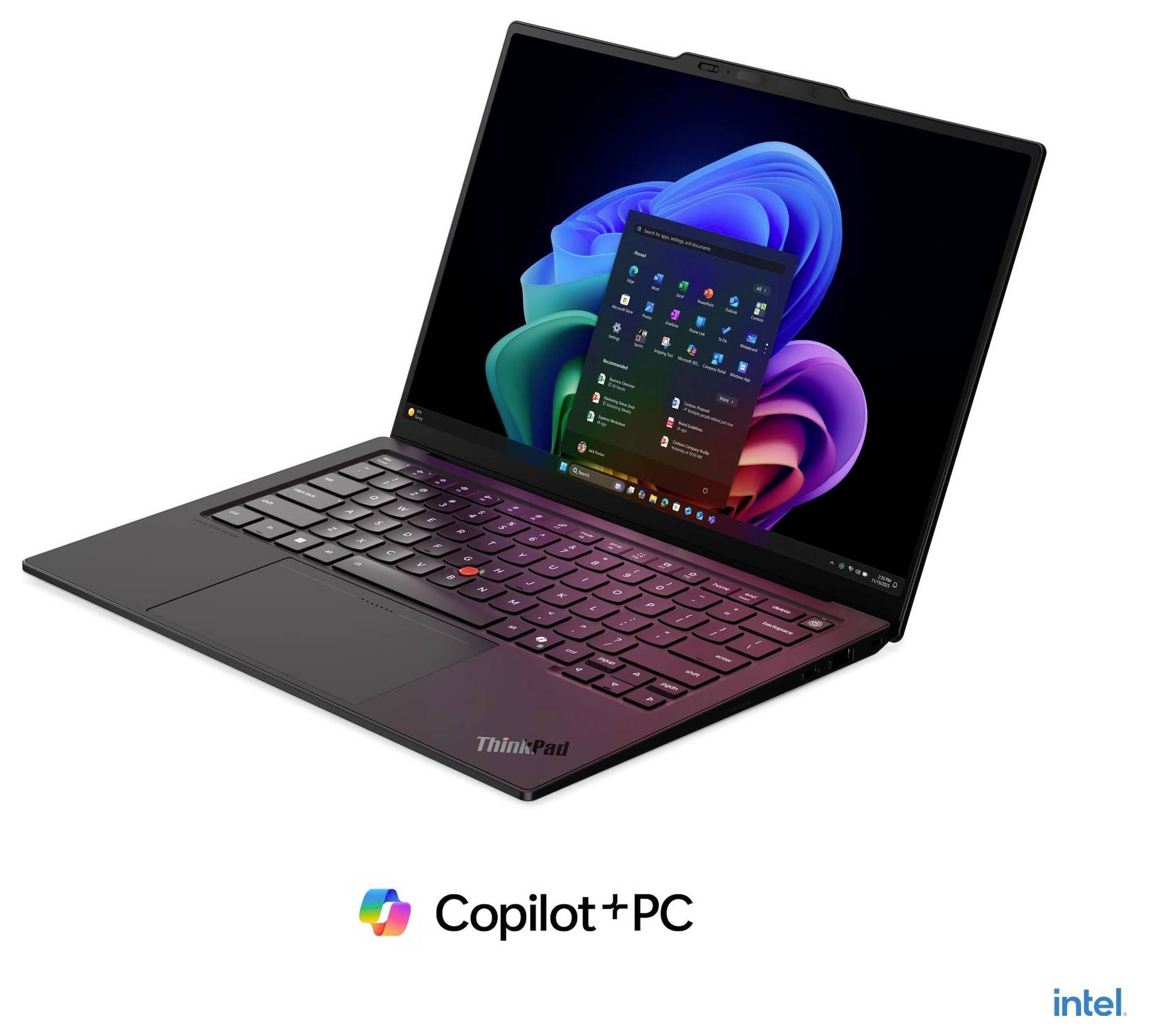 Lenovo ThinkPad Laptop mit Windows 11 und Copilot+ PC Branding, auf weißem Hintergrund geöffnet mit Intel Logo.
