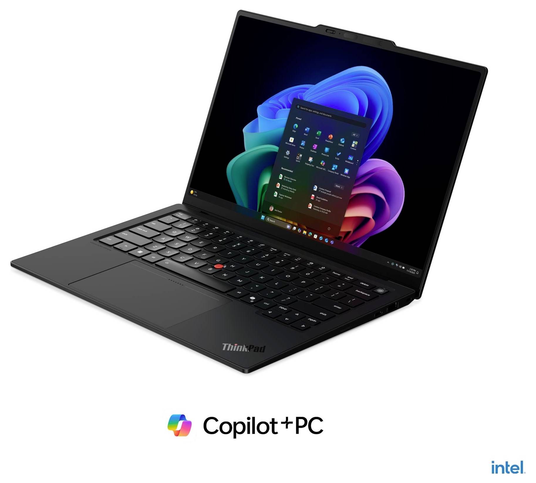 Grauer Lenovo ThinkPad-Laptop, teilweise geöffnet dargestellt, mit dem ThinkPad-Logo auf dem Deckel und Copilot+ PC-Branding darunter sichtbar.