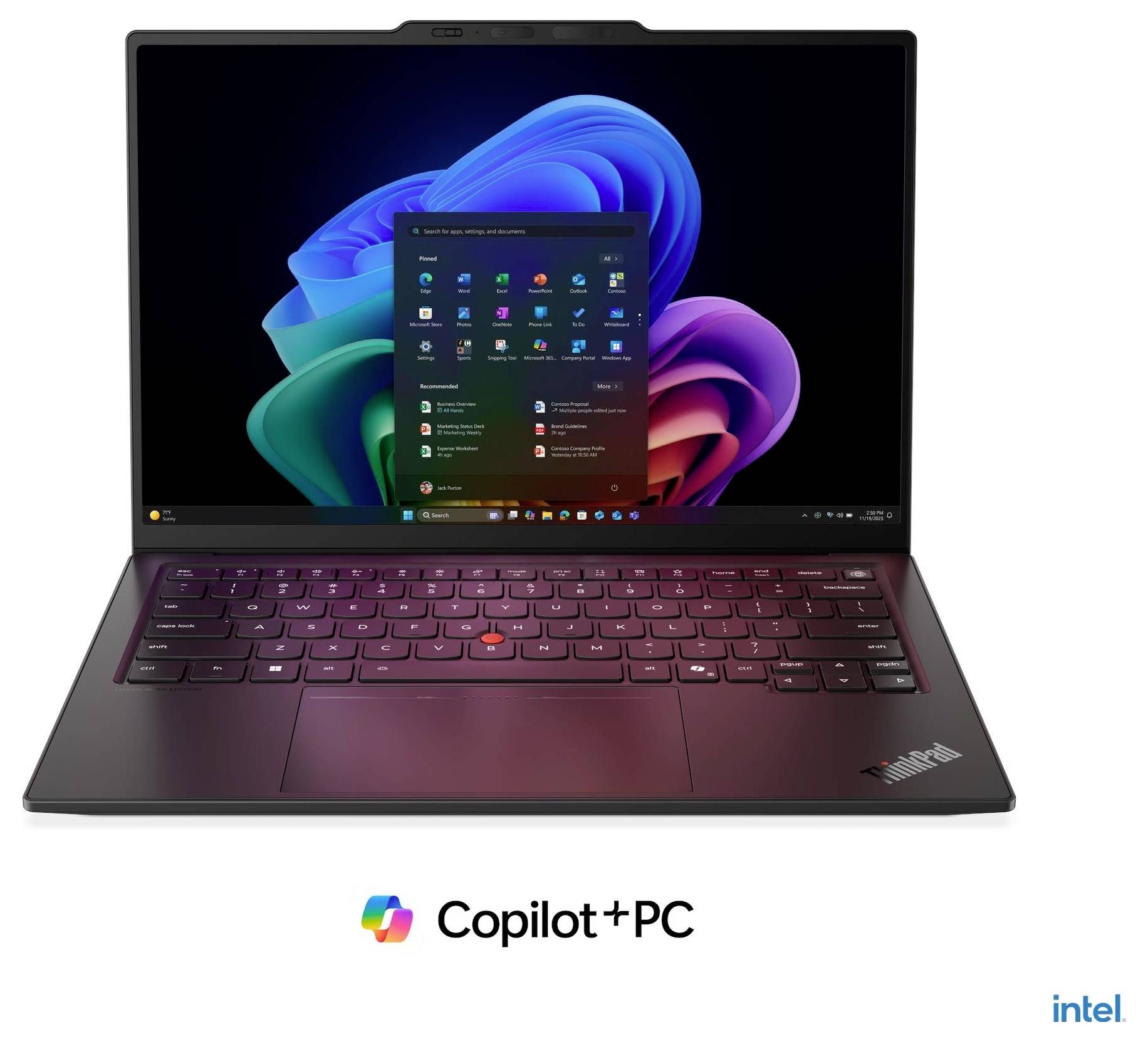 Schwarzer Lenovo ThinkPad-Laptop, teilweise geöffnet dargestellt, mit dem Logo „Copilot+ PC
