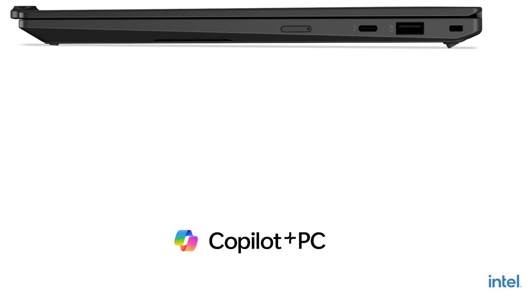 Seitenansicht eines schwarzen Laptops mit dem Copilot+ PC-Logo zentriert darunter und Intel-Branding in der unteren rechten Ecke.